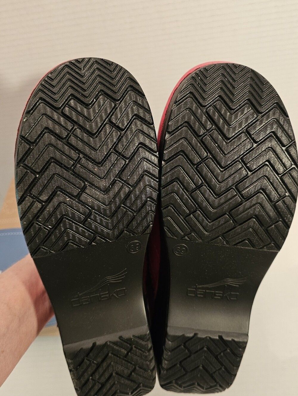 Dansko Red Leather Slip-On Clogs with Black Trim - Picture 12 of 15